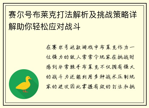 赛尔号布莱克打法解析及挑战策略详解助你轻松应对战斗